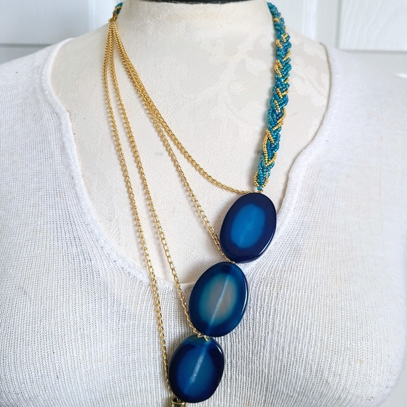 "The Sash" Braided Gold & Blue Beadwork w/ Agate Pendants & Gold Chain Necklace - Picture 6 of 7